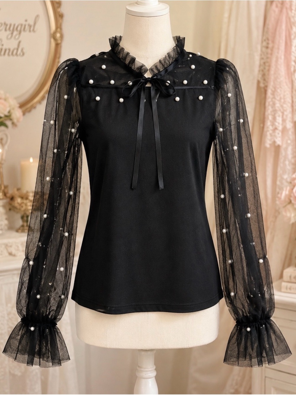 SHEIN Black Sheer Pearl-Embellished Ruffle Tie Blouse